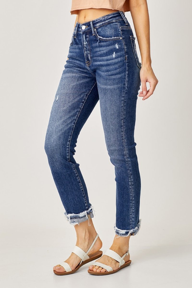 Risen Full Size High - Rise Frayed Cuffed Straight Jeans - S. M. & Co.