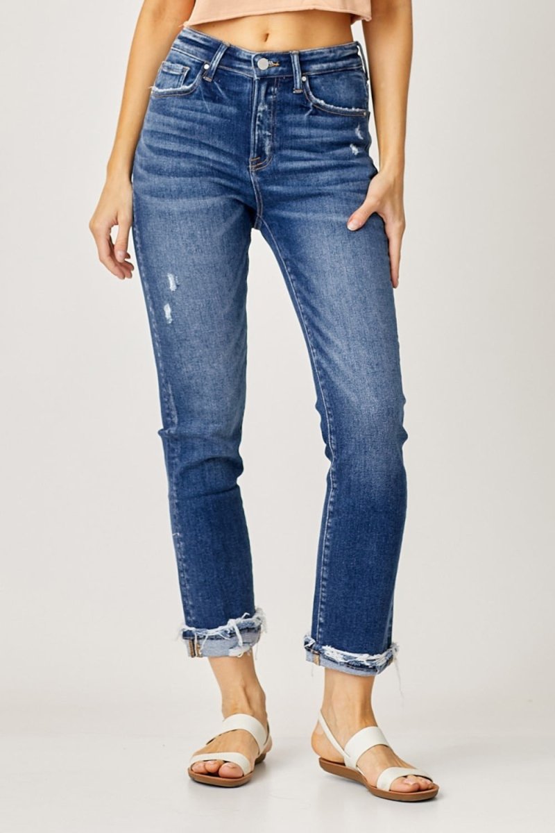 Risen Full Size High - Rise Frayed Cuffed Straight Jeans - S. M. & Co.