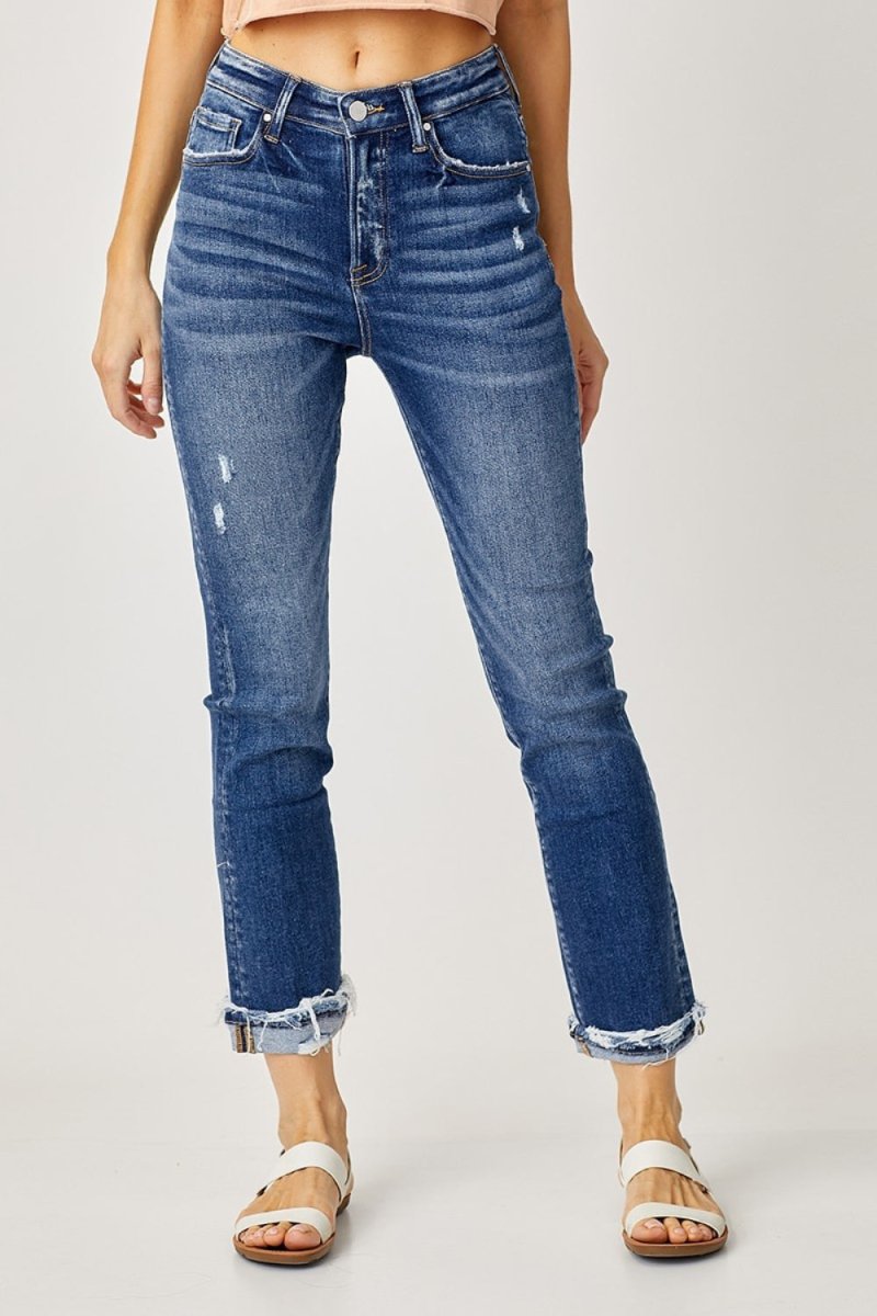 Risen Full Size High - Rise Frayed Cuffed Straight Jeans - S. M. & Co.