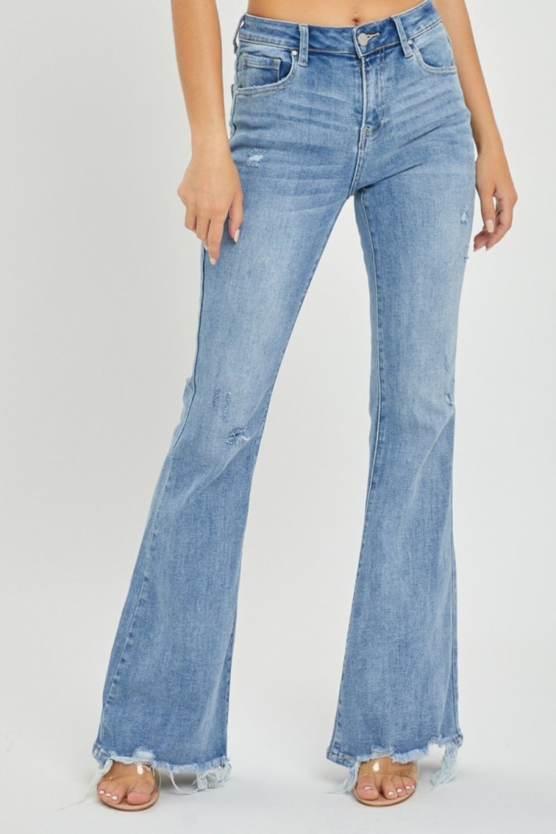 Risen Full Size High Rise Frayed Hem Flare Jeans - S. M. & Co.