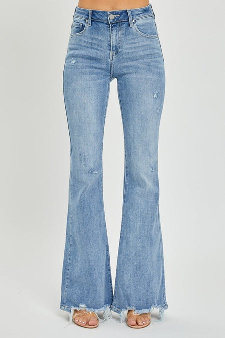 Risen Full Size High Rise Frayed Hem Flare Jeans - S. M. & Co.