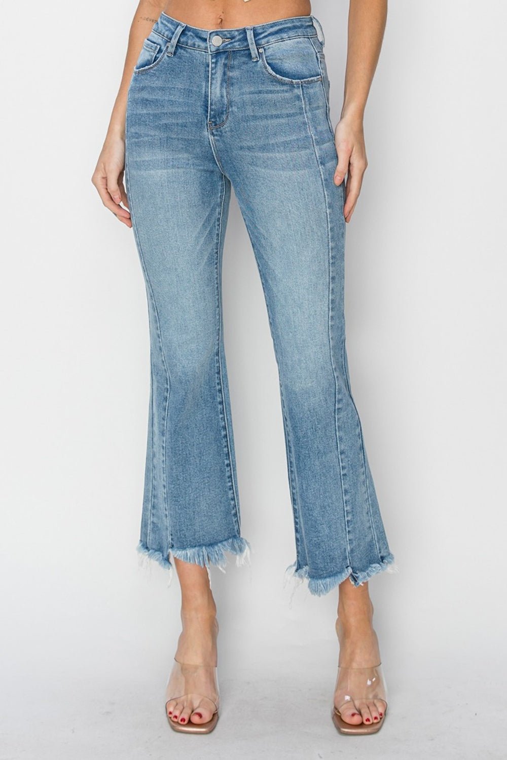 RISEN Full Size High Rise Frayed Hem Flare Jeans - AnAs Market