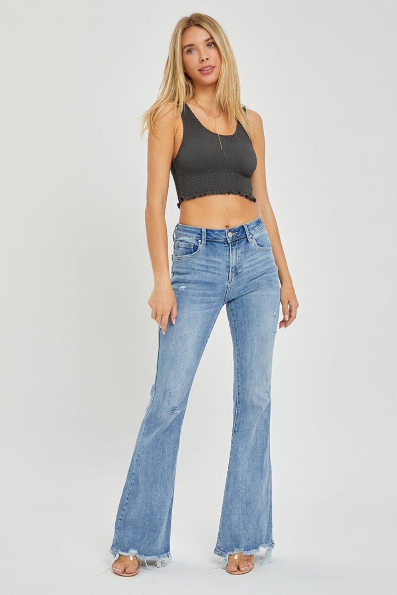 Risen Full Size High Rise Frayed Hem Flare Jeans - S. M. & Co.