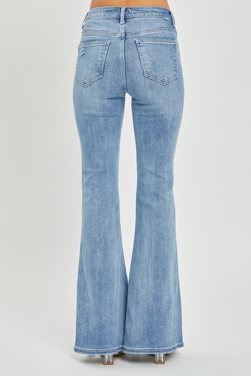 Risen Full Size High Rise Frayed Hem Flare Jeans - S. M. & Co.