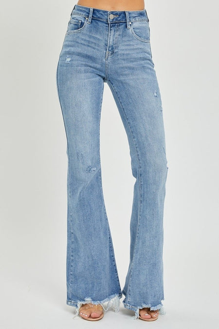 Risen Full Size High Rise Frayed Hem Flare Jeans - S. M. & Co.