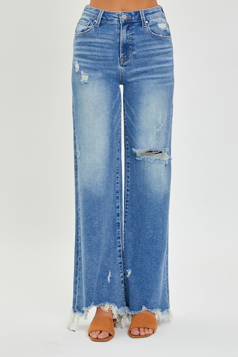 RISEN Full Size High Rise Frayed Hem Wide Leg Jeans - S. M. & Co.