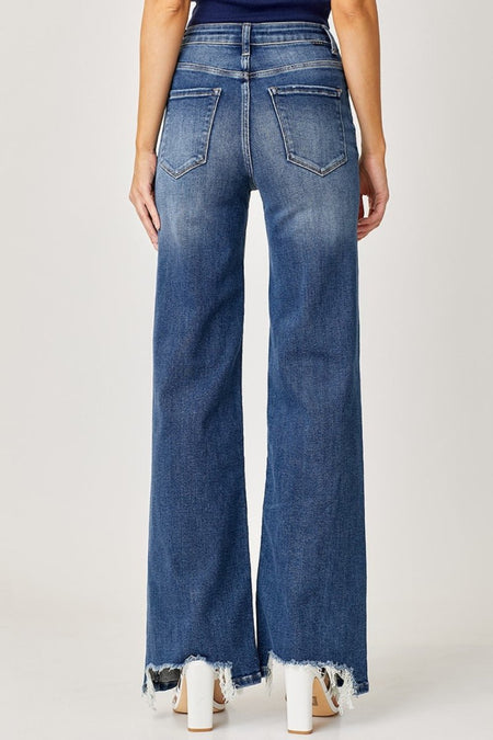 Risen Full Size High Rise Frayed Hem Wide Leg Jeans - S. M. & Co.