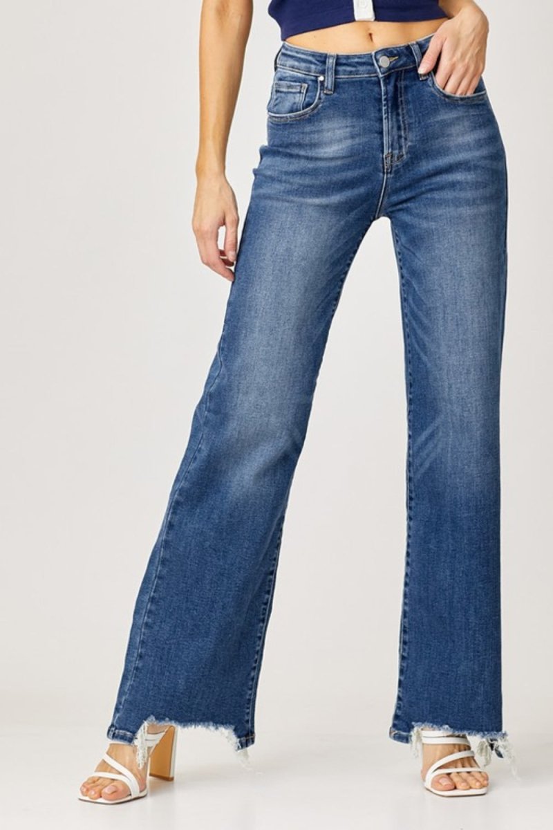 Risen Full Size High Rise Frayed Hem Wide Leg Jeans - S. M. & Co.