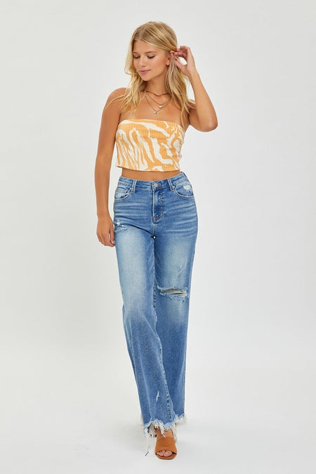 RISEN Full Size High Rise Frayed Hem Wide Leg Jeans - S. M. & Co.