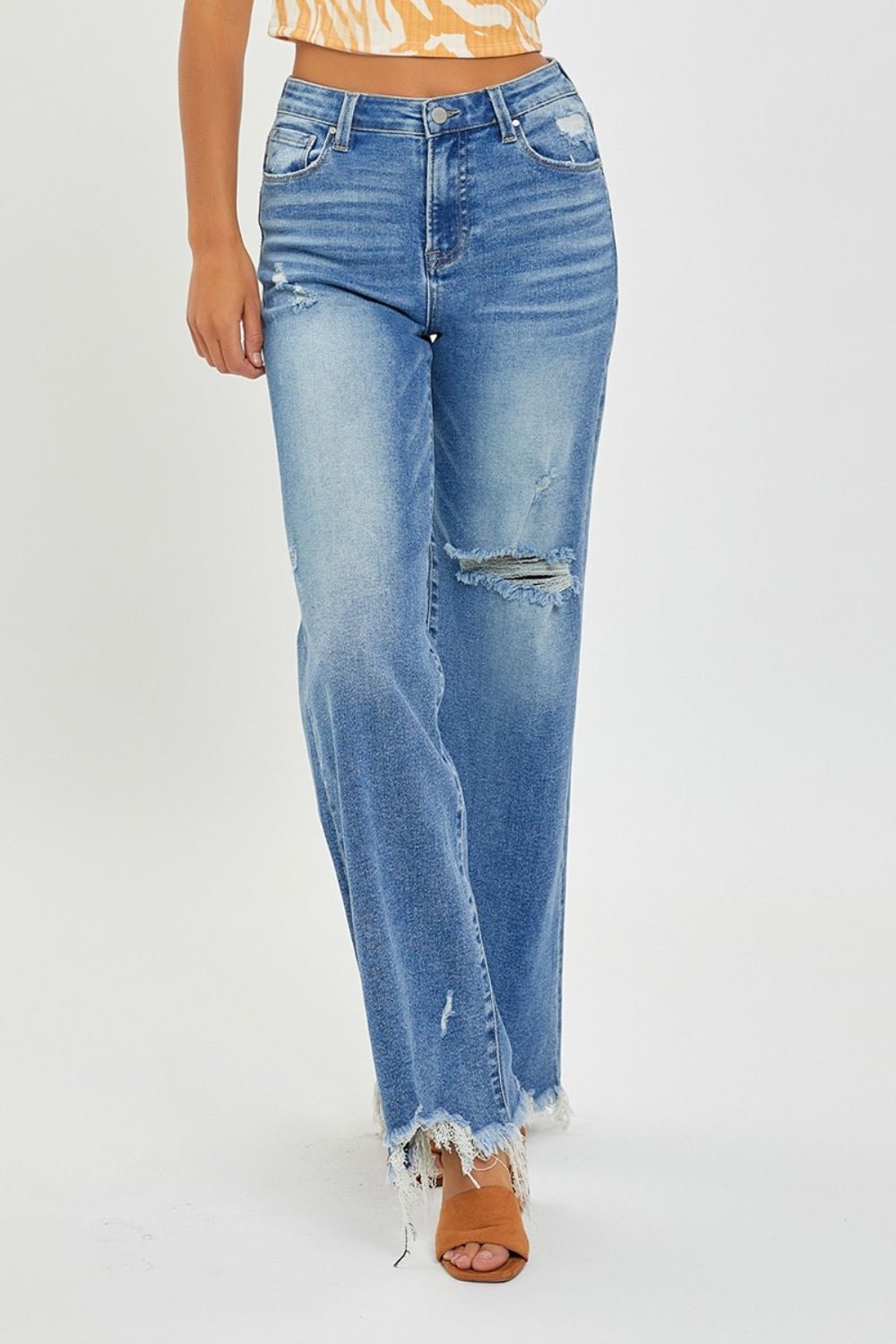 RISEN Full Size High Rise Frayed Hem Wide Leg Jeans - S. M. & Co.