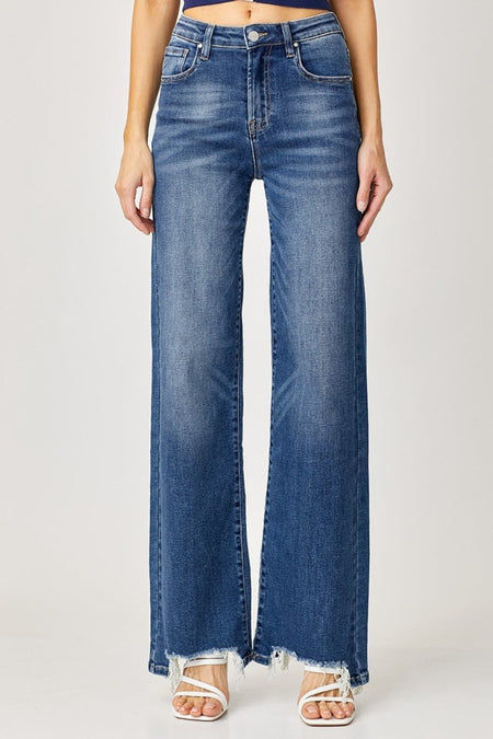 Risen Full Size High Rise Frayed Hem Wide Leg Jeans - S. M. & Co.