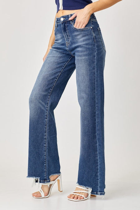 Risen Full Size High Rise Frayed Hem Wide Leg Jeans - S. M. & Co.