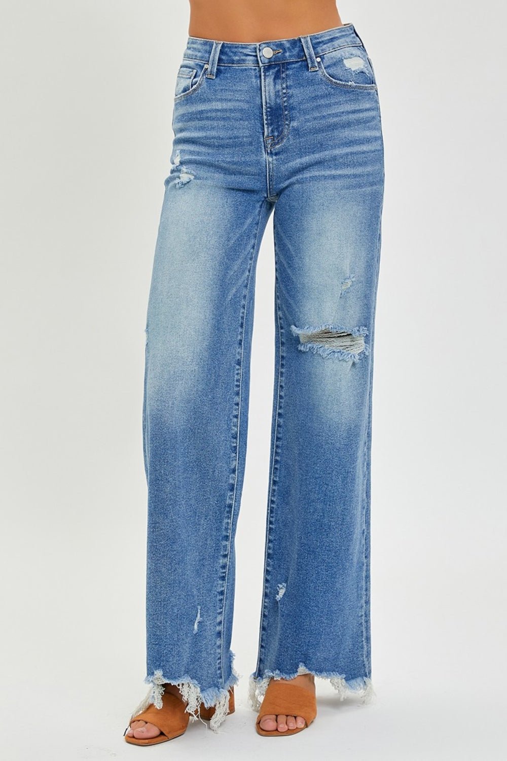 RISEN Full Size High Rise Frayed Hem Wide Leg Jeans - S. M. & Co.