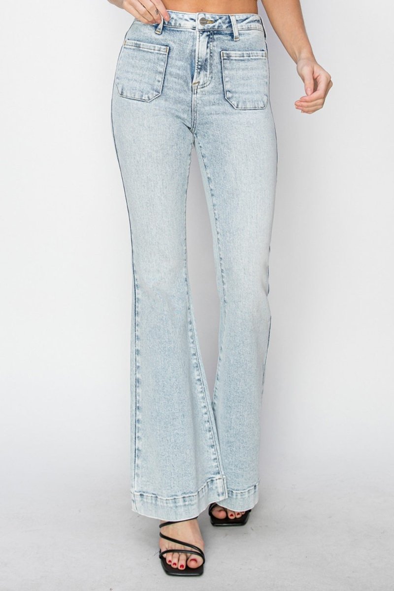 Risen Full Size High Rise Front Patch Pocket Flare Jeans - S. M. & Co.