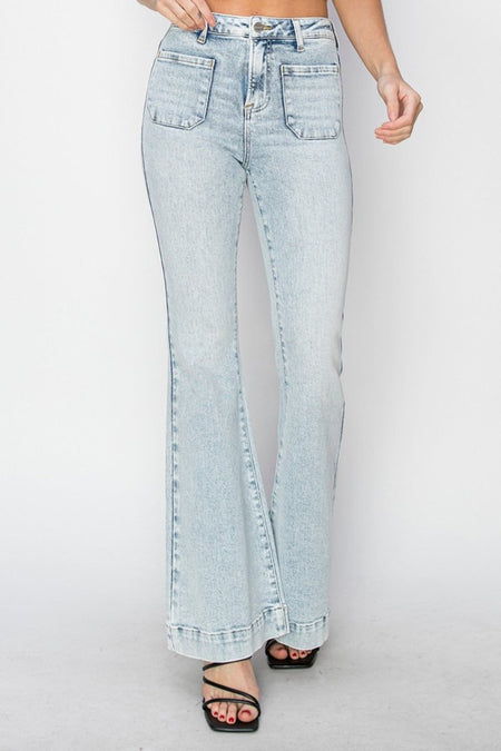 Risen Full Size High Rise Front Patch Pocket Flare Jeans - S. M. & Co.