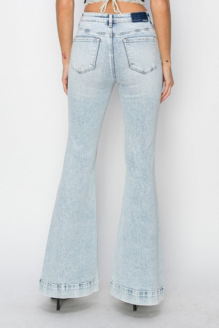 Risen Full Size High Rise Front Patch Pocket Flare Jeans - S. M. & Co.