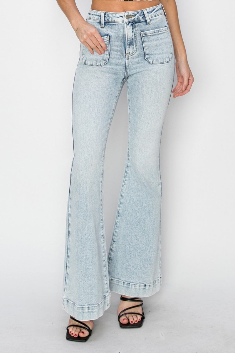 Risen Full Size High Rise Front Patch Pocket Flare Jeans - S. M. & Co.