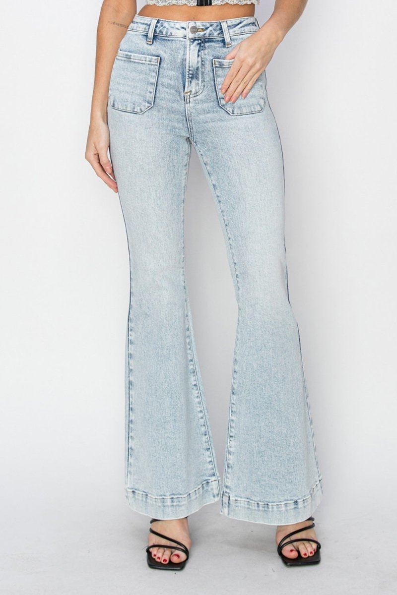 Risen Full Size High Rise Front Patch Pocket Flare Jeans - S. M. & Co.