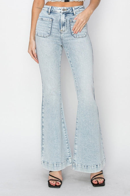 Risen Full Size High Rise Front Patch Pocket Flare Jeans - S. M. & Co.