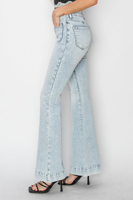 Risen Full Size High Rise Front Patch Pocket Flare Jeans - S. M. & Co.