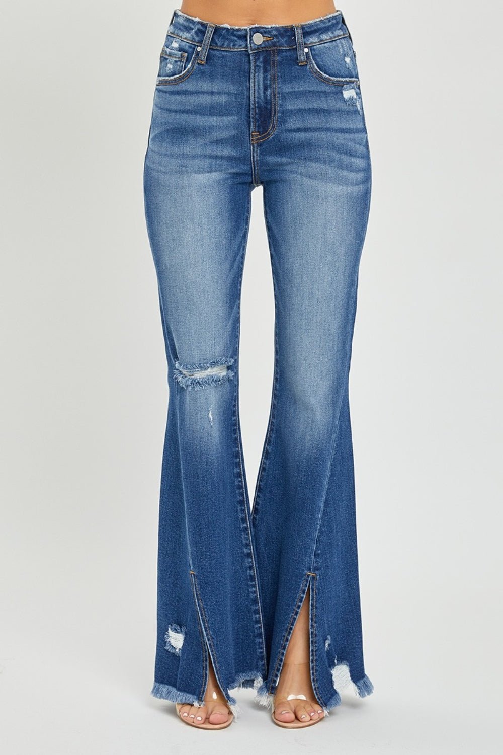 RISEN Full Size High Rise Front Slit Frayed Hem Flare Jeans - S. M. & Co.