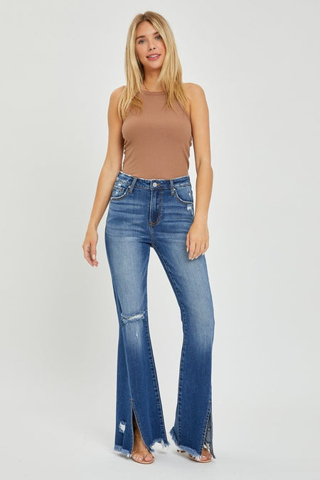 RISEN Full Size High Rise Front Slit Frayed Hem Flare Jeans - S. M. & Co.