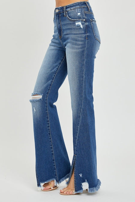 RISEN Full Size High Rise Front Slit Frayed Hem Flare Jeans - S. M. & Co.