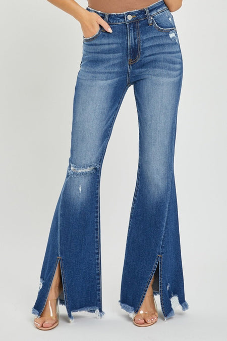 RISEN Full Size High Rise Front Slit Frayed Hem Flare Jeans - S. M. & Co.