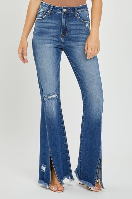 RISEN Full Size High Rise Front Slit Frayed Hem Flare Jeans - S. M. & Co.