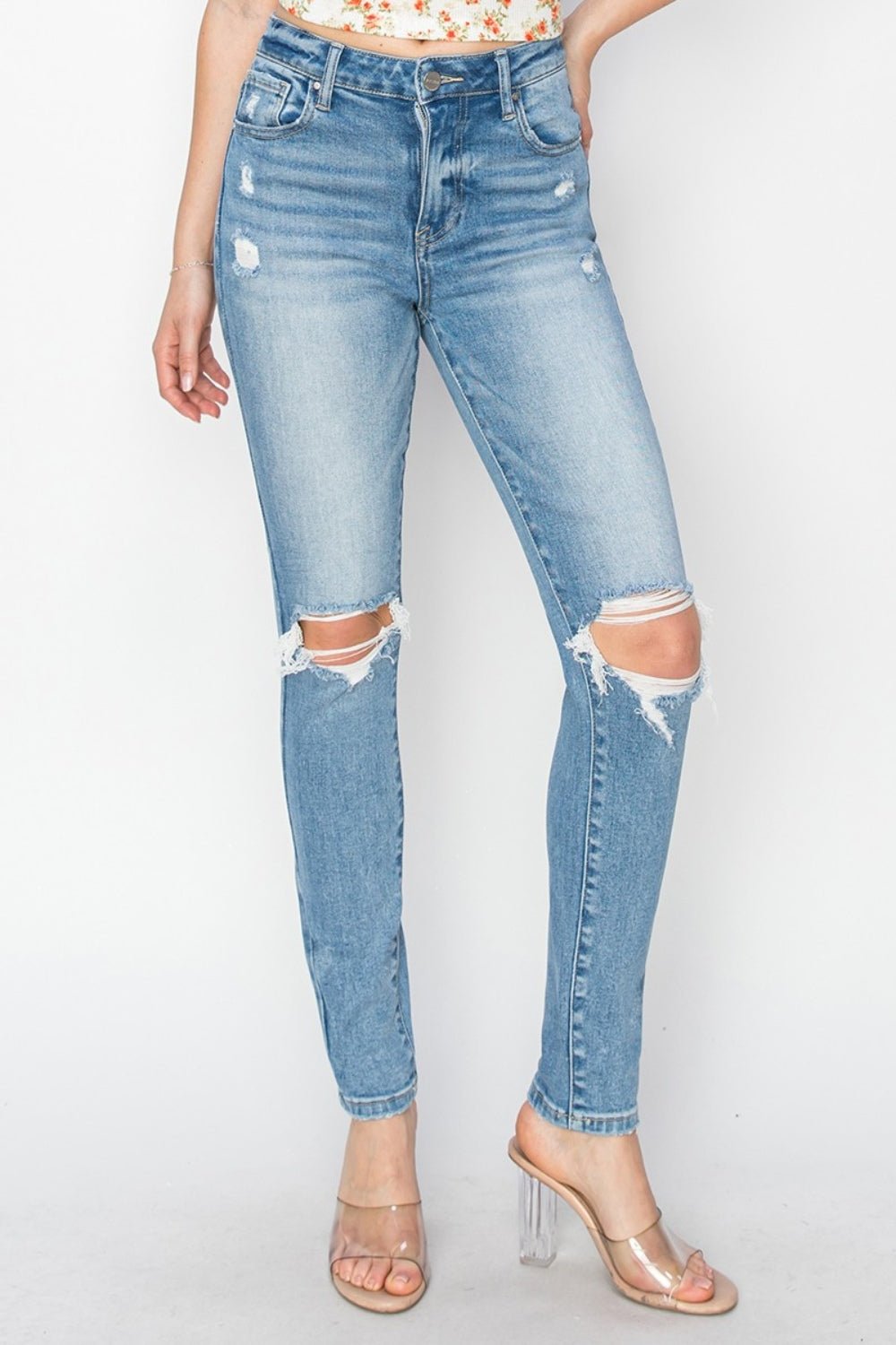 Risen Full Size High Rise Knee Distressed Skinny Jeans - S. M. & Co.