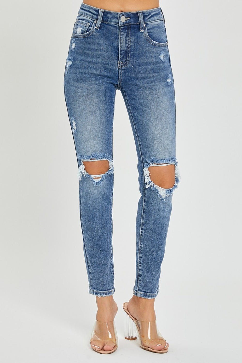 Risen Full Size High Rise Knee Distressed Skinny Jeans - S. M. & Co.