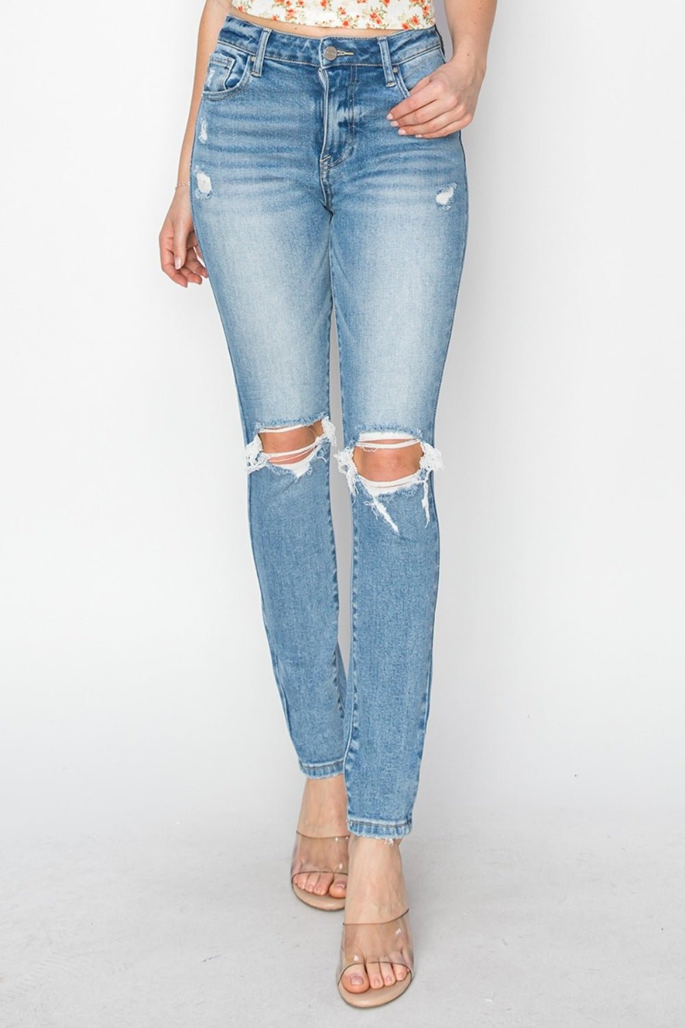 Risen Full Size High Rise Knee Distressed Skinny Jeans - S. M. & Co.