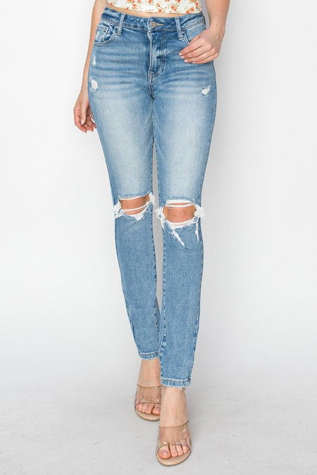 Risen Full Size High Rise Knee Distressed Skinny Jeans - S. M. & Co.