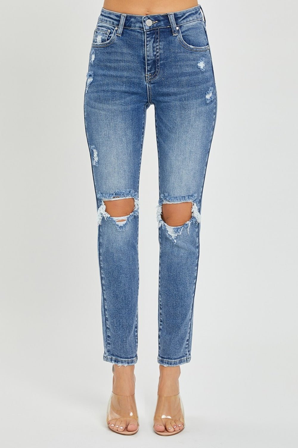 Risen Full Size High Rise Knee Distressed Skinny Jeans - S. M. & Co.