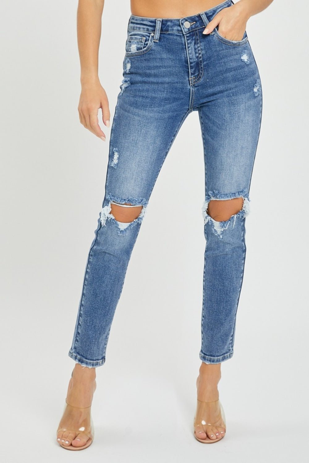 Risen Full Size High Rise Knee Distressed Skinny Jeans - S. M. & Co.