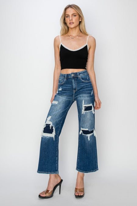 Risen Full Size High Rise Patch Detailed Wide Leg Crop Jeans - S. M. & Co.