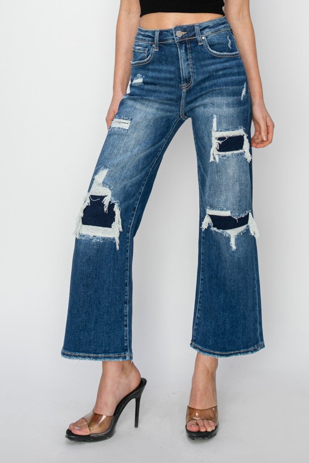 Risen Full Size High Rise Patch Detailed Wide Leg Crop Jeans - S. M. & Co.