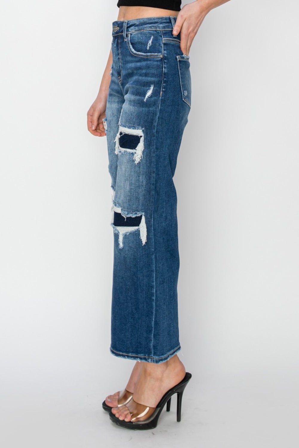 Risen Full Size High Rise Patch Detailed Wide Leg Crop Jeans - S. M. & Co.