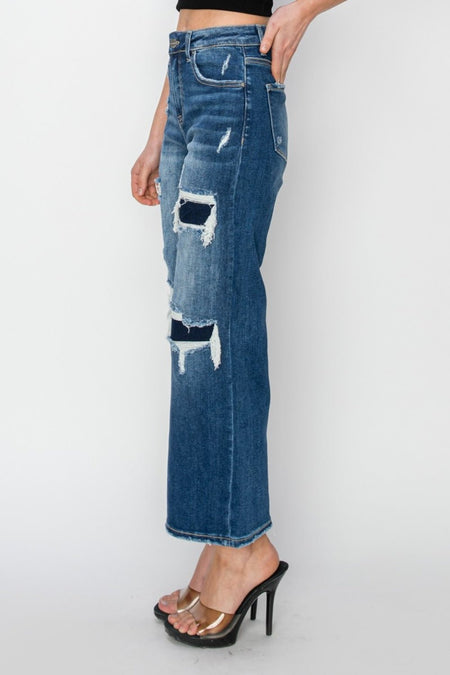 Risen Full Size High Rise Patch Detailed Wide Leg Crop Jeans - S. M. & Co.