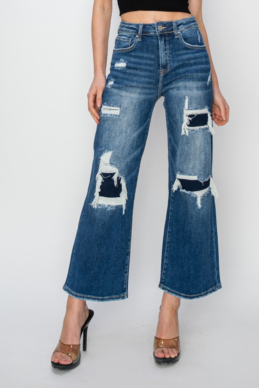 Risen Full Size High Rise Patch Detailed Wide Leg Crop Jeans - S. M. & Co.