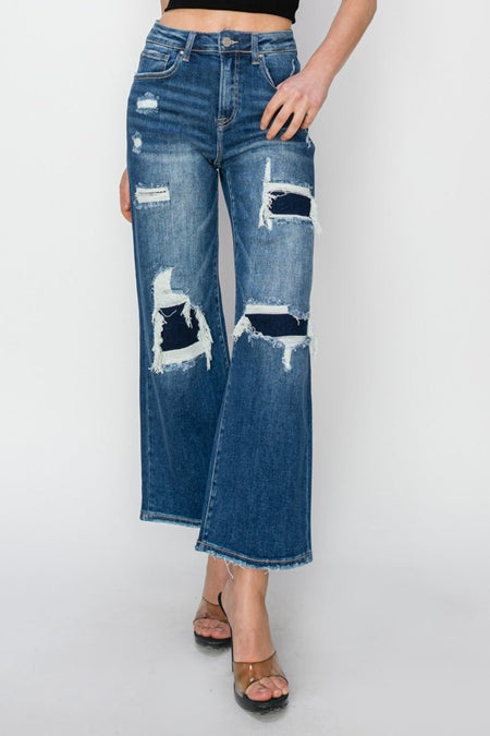 Risen Full Size High Rise Patch Detailed Wide Leg Crop Jeans - S. M. & Co.