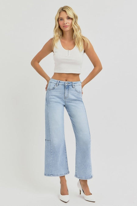 RISEN Full Size High Rise Seamed Detail Wide Leg Crop Jeans - S. M. & Co.