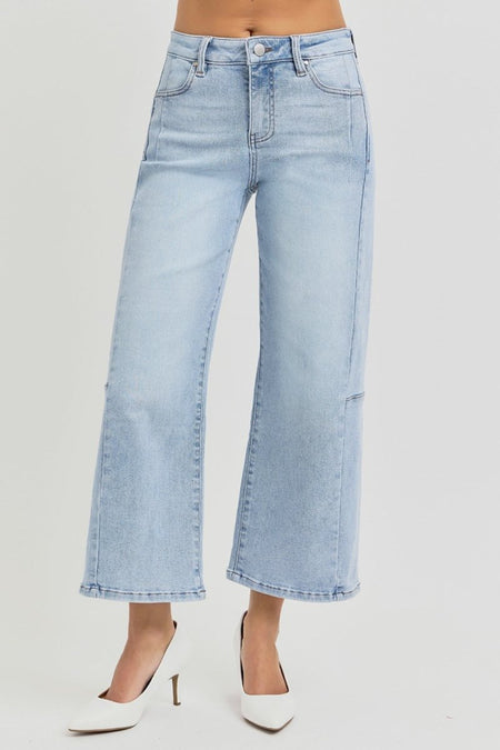 RISEN Full Size High Rise Seamed Detail Wide Leg Crop Jeans - S. M. & Co.