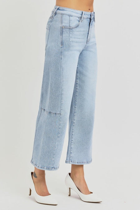 RISEN Full Size High Rise Seamed Detail Wide Leg Crop Jeans - S. M. & Co.