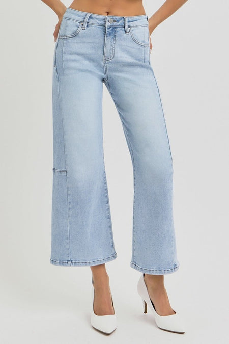 RISEN Full Size High Rise Seamed Detail Wide Leg Crop Jeans - S. M. & Co.