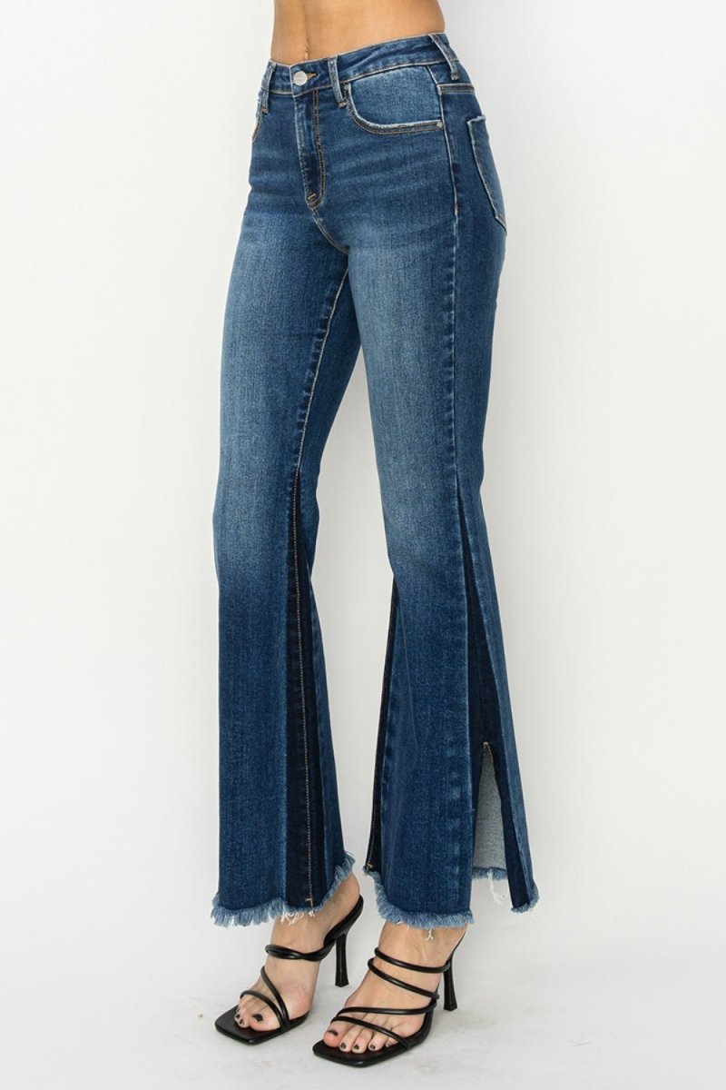 RISEN Full Size High Rise Side Shadow Seam Detail Slit Flare Jeans - S. M. & Co.