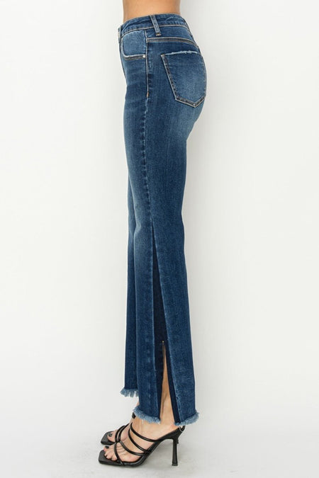 RISEN Full Size High Rise Side Shadow Seam Detail Slit Flare Jeans - S. M. & Co.