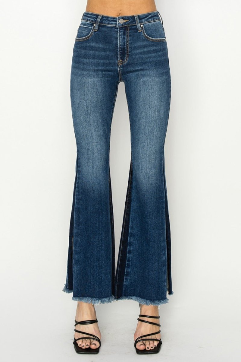 RISEN Full Size High Rise Side Shadow Seam Detail Slit Flare Jeans - S. M. & Co.