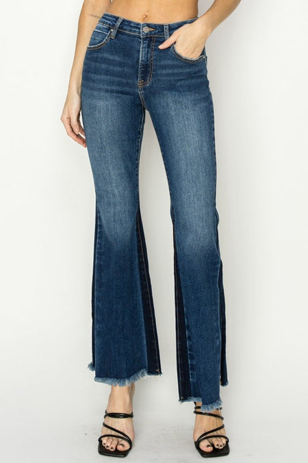 RISEN Full Size High Rise Side Shadow Seam Detail Slit Flare Jeans - S. M. & Co.