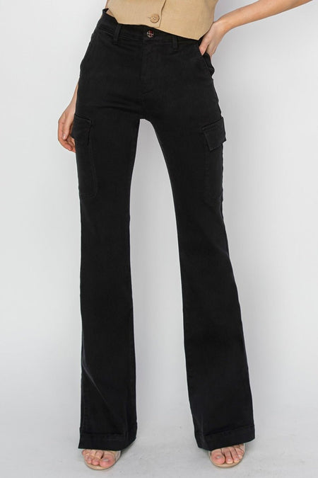 Risen Full Size High Rise Side Slit Cargo Bootcut Jeans - S. M. & Co.